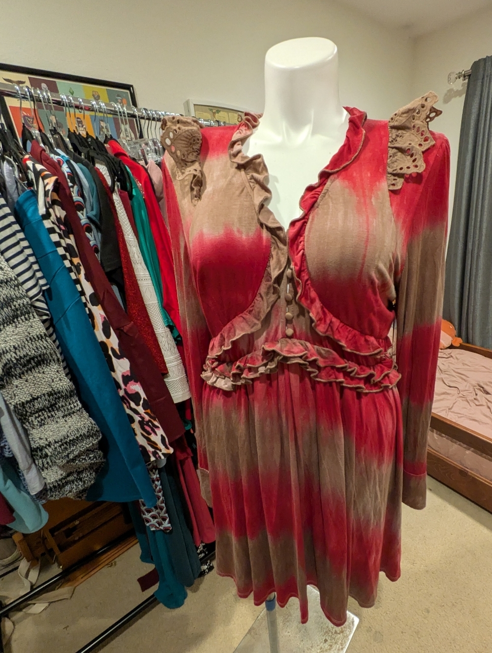 Rosevelvet Long Sleeve Ruffle Tie-Dye Dress - 3X